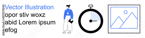 Productivity, time tracking, workplace efficiency, team management, scheduling, organization. Professional figure, stopwatch and image icon in uniform design style. Productivity and time management