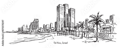 Tel Aviv, Israel Coastal Skyline Drawing with Beach Promenade and High-rises