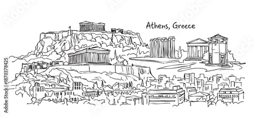 Athens, Greece Historic Skyline Sketch Featuring Acropolis and Parthenon Ruins