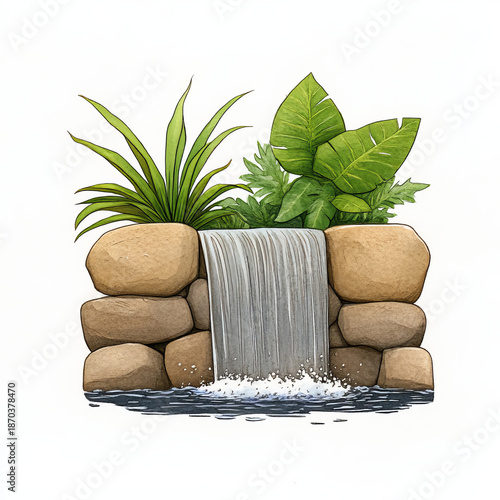 Wallpaper Mural Waterfall rocks plants hand drawn nature green peaceful outdoor illustration Torontodigital.ca