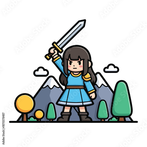 A determined female warrior in blue armor holds a sword