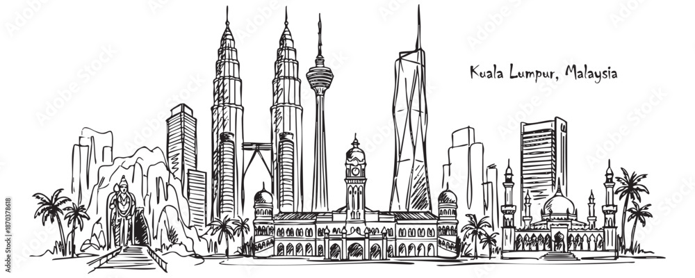 Obraz premium Kuala Lumpur, Malaysia Skyline Line Art with Petronas Twin Towers and Batu Caves