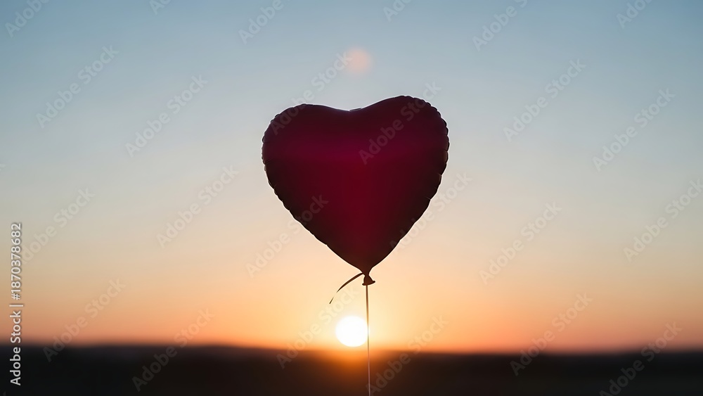 Fototapeta premium Red heart shaped balloon floating in the air at sunset with the.