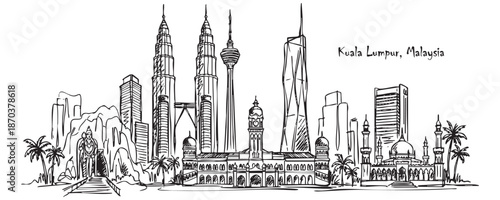 Kuala Lumpur, Malaysia Skyline Line Art with Petronas Twin Towers and Batu Caves