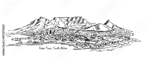 Cape Town, South Africa Skyline Sketch Featuring Table Mountain and Waterfront
