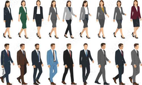 Vector Set of Diverse Professional Business People Walking in Formal Suits and Corporate Attire Isolated on White Background for Office Concept