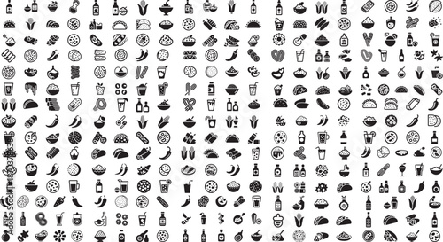 black and white food and drink icons on white background