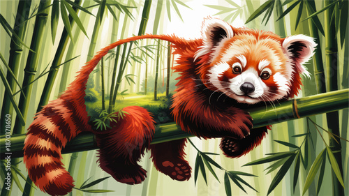 Cute red panda illustration resting on green bamboo in lush forest, wildlife conservation, nature fantasy art background
