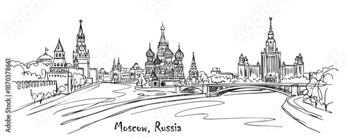 Moscow, Russia Skyline Sketch Featuring Kremlin, St. Basil's Cathedral and River