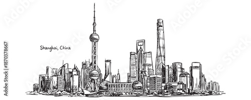 Shanghai, China Modern Skyline Line Drawing with Oriental Pearl and Shanghai Tower
