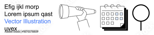 Business planning, goal setting, organization tools, research methods, information search, workflow. Hand holding telescope, calendar magnifying glass. Business planning and goal setting concept