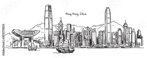 Hong Kong, China Harbor Skyline Sketch with Junk Boat and Skyscrapers