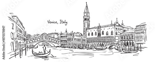 Venice, Italy Canal Scene Sketch with Rialto Bridge and Gondolas