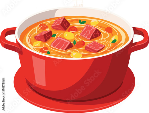 Beef stew vector illustration of hot delicious meat soup with vegetables in red cooking pot isolated on white background for culinary menu.