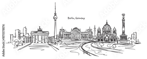 Berlin, Germany Skyline Line Art Featuring Brandenburg Gate, TV Tower, and Reichstag