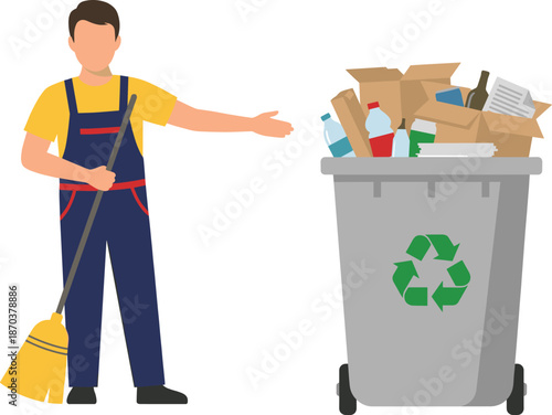Male Janitor in Blue Overalls Holding a Broom and Pointing Towards a Full Recycling Bin Isolated on White Background Vector Illustration