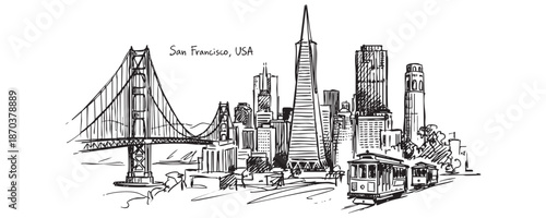 San Francisco, USA Skyline Line Art with Golden Gate Bridge and Cable Car