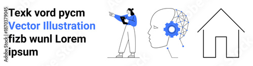 Woman holding a tablet pointing, digital transformation in human head with gear, house outline. Ideal for technology, innovation, education, home, creativity, minimalism simple landing page