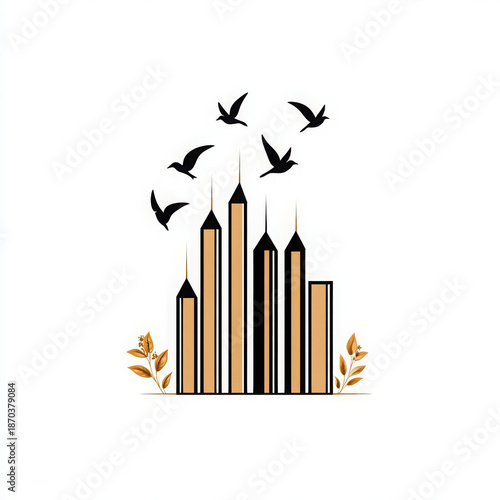 Wallpaper Mural Skyline doodle birds leaves flowers minimal modern cityscape urban illustration Torontodigital.ca