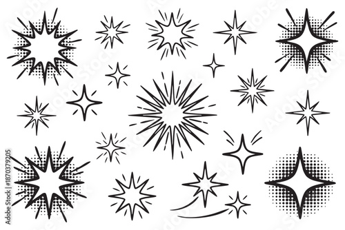 Collection of Retro Comic Book Style Halftone Sparkle and Starburst Elements