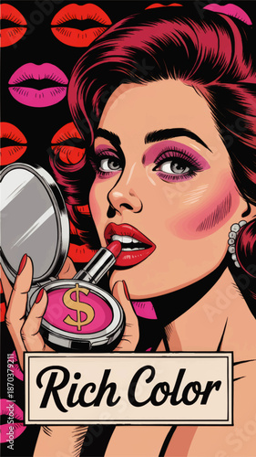 Glamorous pop art woman applying pink lipstick with compact mirror, rich color vintage comic style beauty and makeup illustration
