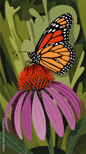 Monarch butterfly on purple coneflower illustration, vibrant summer garden nature art, pollinator wildlife clipart background