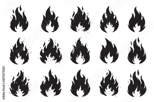 Collection of Hand Drawn Black Silhouette Fire Flames and Bonfire Icons