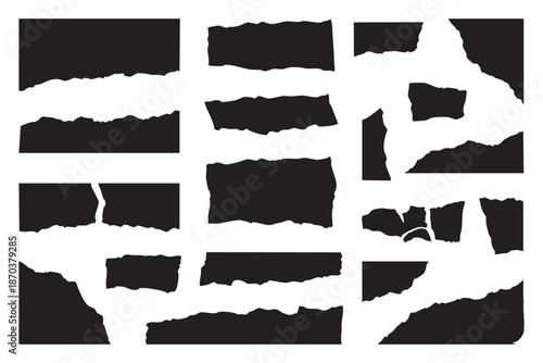 Set of Torn Ripped Paper Edges and Black Grunge Banner Strips