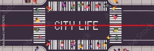 Colorful city life crosswalk illustration with barcode stripes, pedestrians and red laser scanner on dark urban street, top view