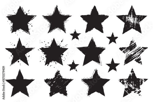 Set of Grunge Black Ink Brush Stroke Stars and Star Shapes