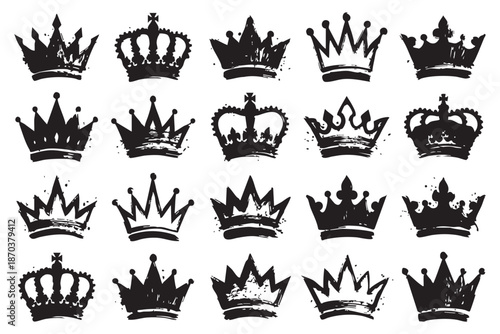 Collection of Hand Drawn Grunge Black Ink Royal Crowns and Tiaras