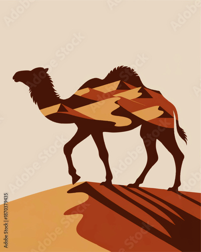 Desert camel silhouette with geometric sand dunes and long shadow, minimalist warm sunset illustration for travel and adventure design