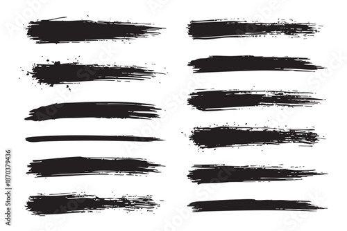 Set of Long Thin Grunge Black Ink Brush Strokes and Lines