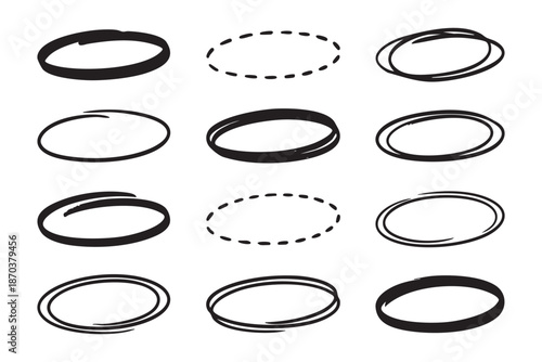 Set of Hand Drawn Black Ink Circle Frames and Oval Highlight Markers