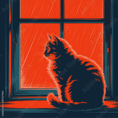 Cozy cat silhouette at rainy window, vibrant orange teal illustration of contemplative pet indoors, modern minimal home decor art