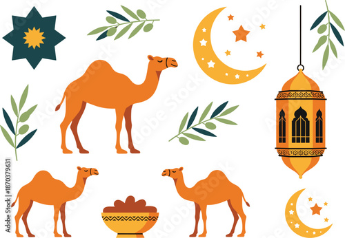 Islamic Ramadan cultural icon set with Quran charity box prayer time clock lanterns and traditional symbols in flat vector