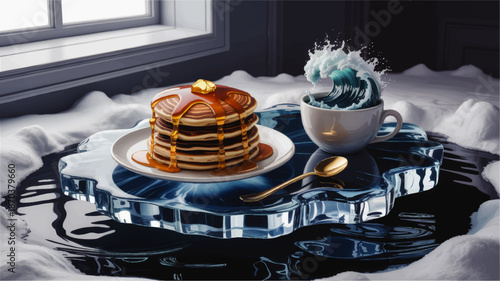 Surreal winter breakfast scene with pancake stack, caramel syrup and ocean wave coffee cup on icy lake near window