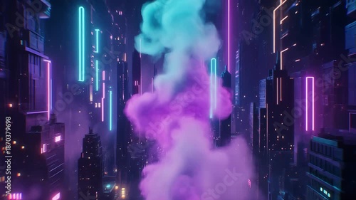 Futuristic cityscape with vibrant neon lights and purple smoke