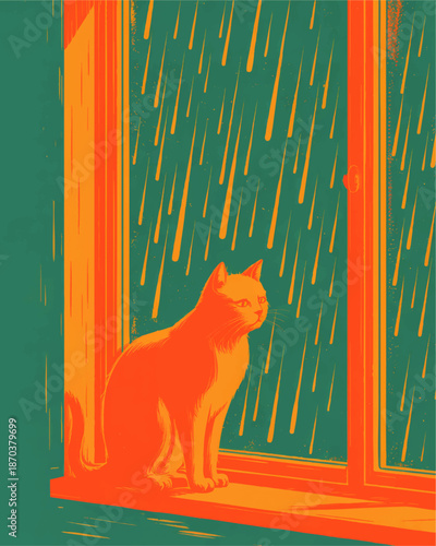 Vibrant orange cat sitting at window during rain storm, minimalist teal illustration, cozy contemplative feline art print