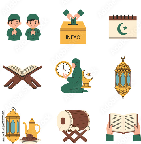 Set of Ramadan and Islamic icons featuring Quran charity box prayer time clock lanterns and cultural symbols in flat vector,
