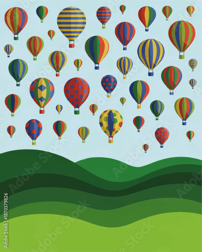 Colorful hot air balloons flying over green hills, playful summer landscape background, whimsical travel adventure illustration