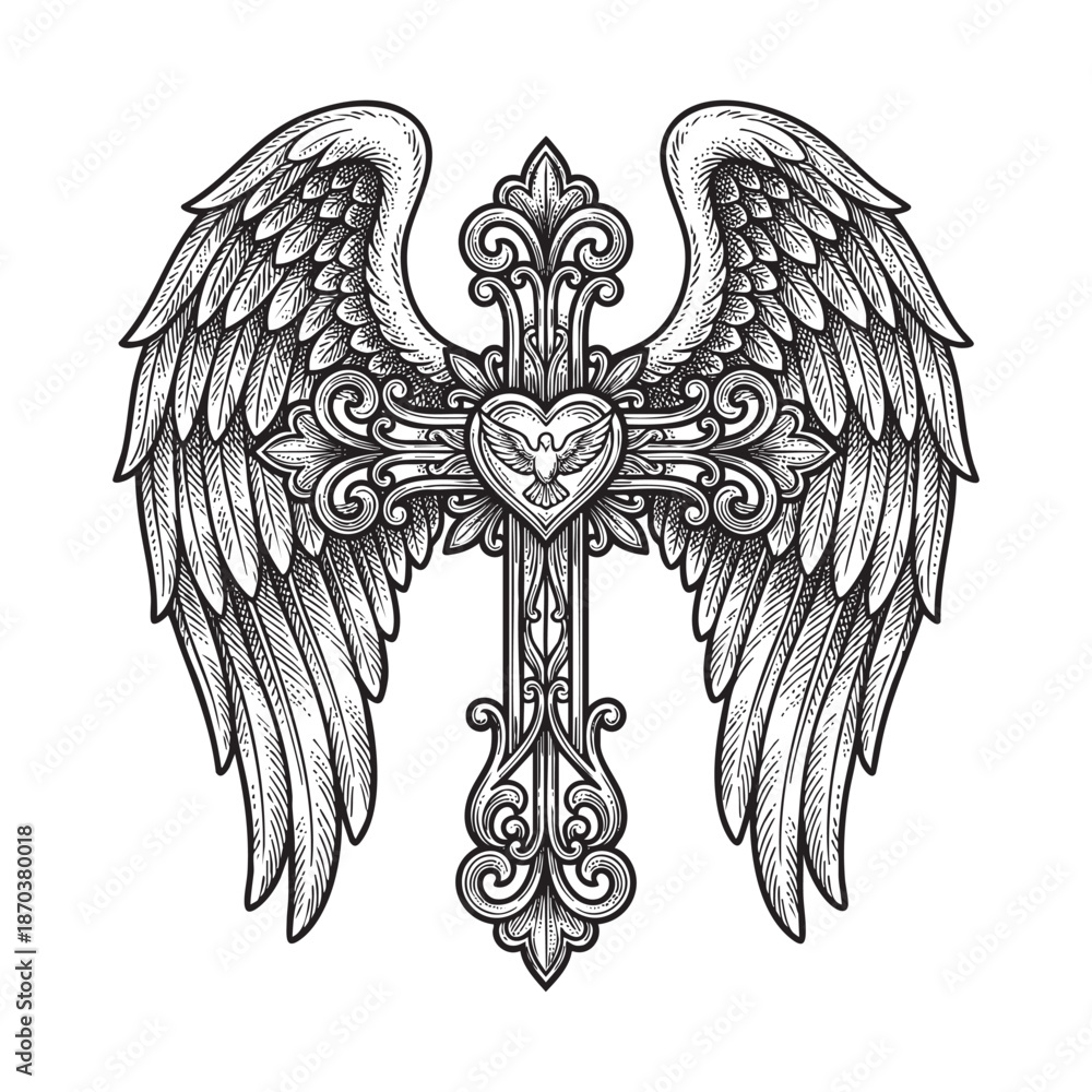 Obraz premium Ornate Christian Cross with Angel Wings, Sacred Heart, and Dove in Detailed Engraving Tattoo Style