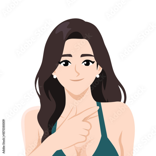 Young Woman Pointing Sideways with Confident Expression. Flat Vector character illustration