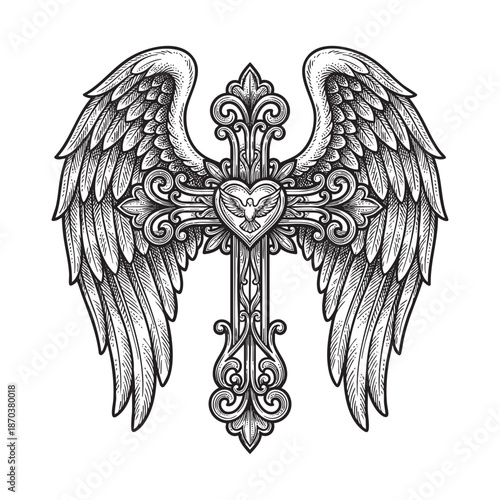 Ornate Christian Cross with Angel Wings, Sacred Heart, and Dove in Detailed Engraving Tattoo Style