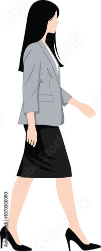 Side view of elegant businesswoman walking confidently in a grey blazer and black pencil skirt isolated on a white background