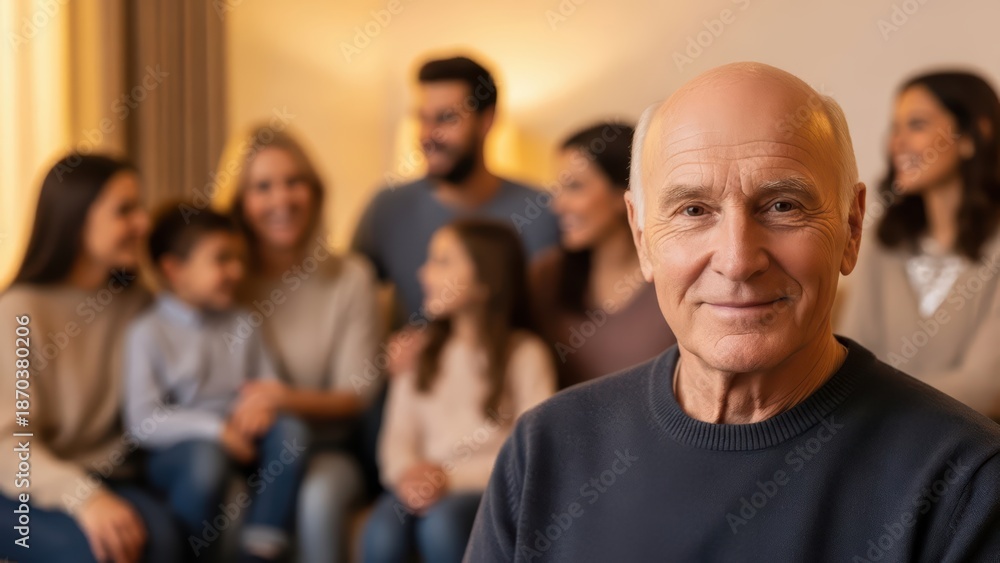 Obraz premium Elderly caucasian man smiling in warm family gathering with diverse young adults and children in cozy living room