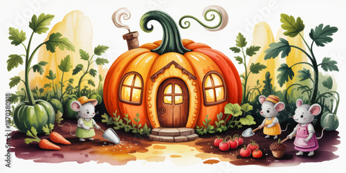 Cute mice gardening around whimsical pumpkin house, autumn vegetable garden, fairy tale children’s book illustration