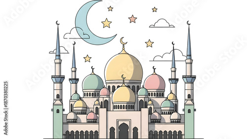 Vector illustration of a magnificent mosque with domes and minarets, crescent moon and stars