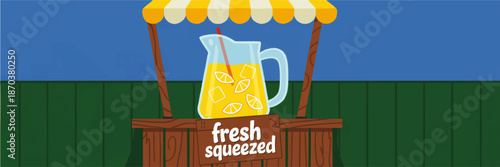 Summer lemonade stand illustration with fresh squeezed citrus drink, striped canopy, outdoor wooden booth, blue sky background