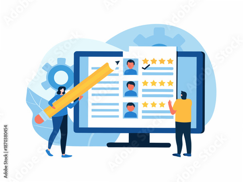 People evaluating and rating candidates on a large computer screen